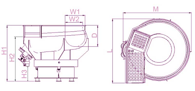 outline drawing of arc-shaped vibratory bowl finishing machine with separator