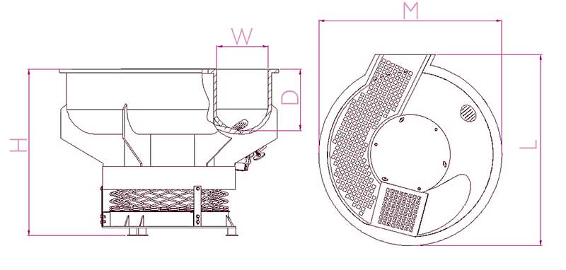 outline drawing of u-shaped vibratory bowl finishing machine with separator
